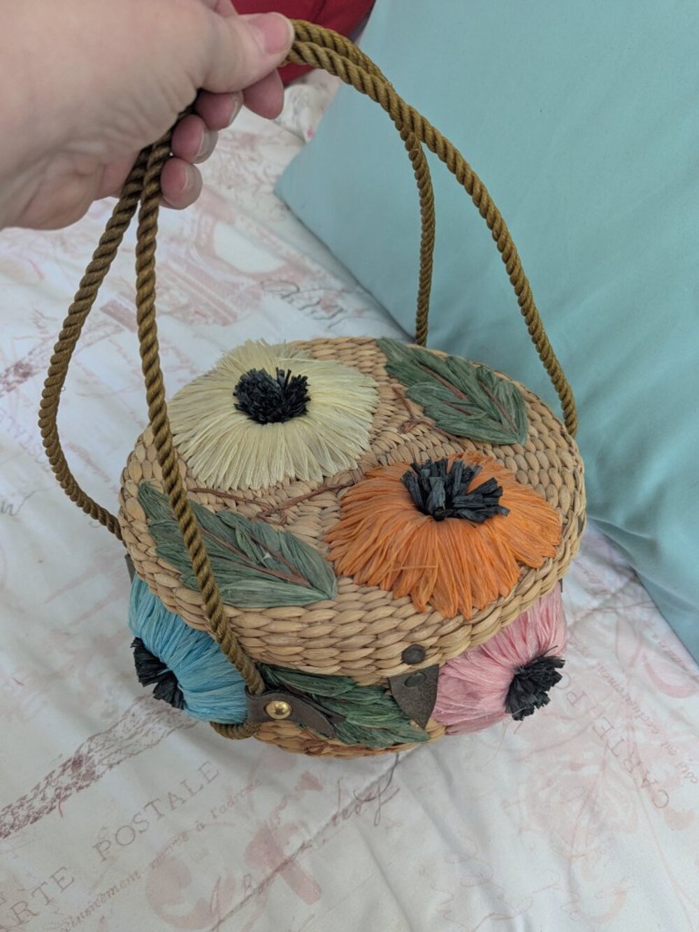 Vintage Floral Wicker And Straw Purse By Ponces Creations Philippines, 50's-60's - Picture 9 of 15